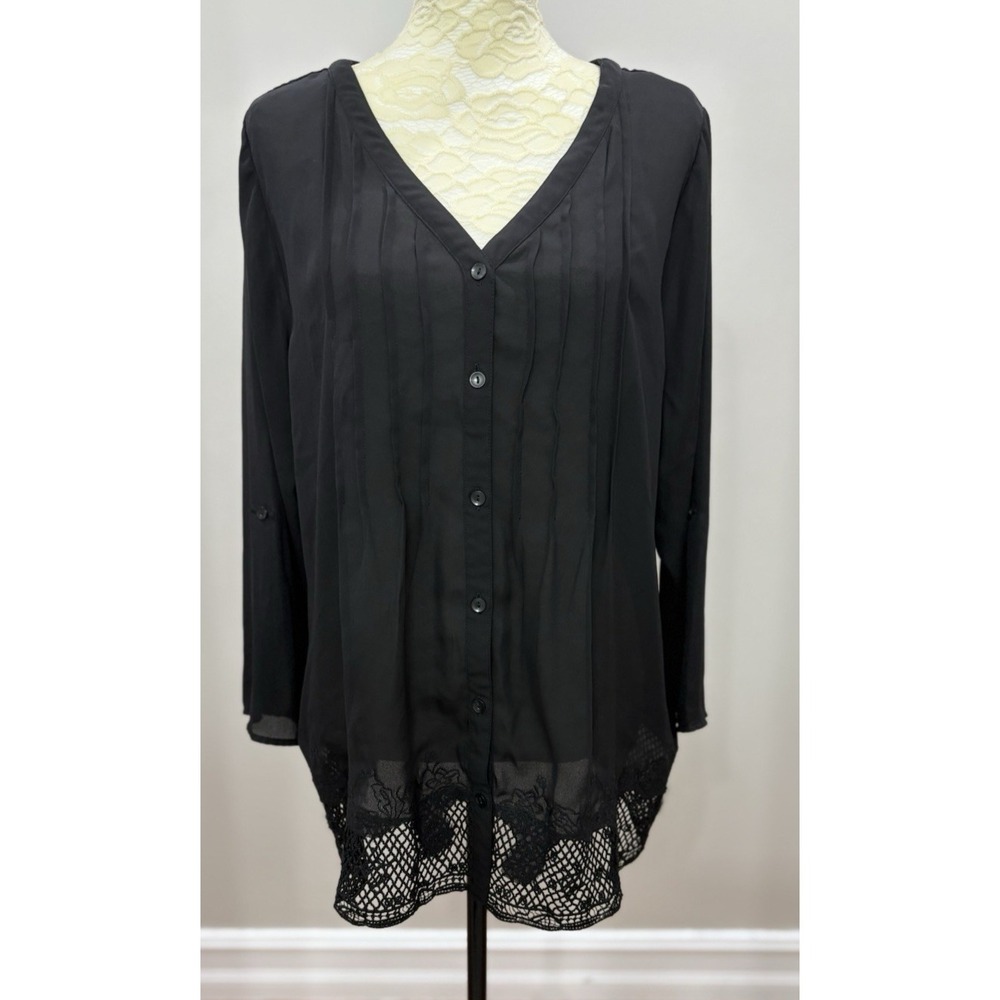 Zac & Rachel Womens 1X Black Lace Pleated V Neck Button Up Whimsigoth Blouse